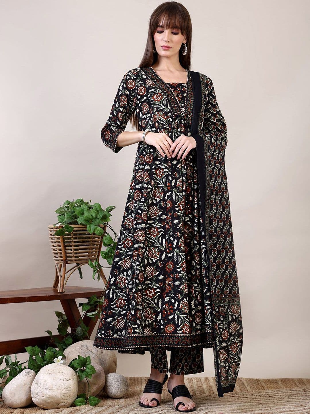 KALINI Floral Printed Empire Mirror Work Kurta with Trouser & Dupatta - view 1