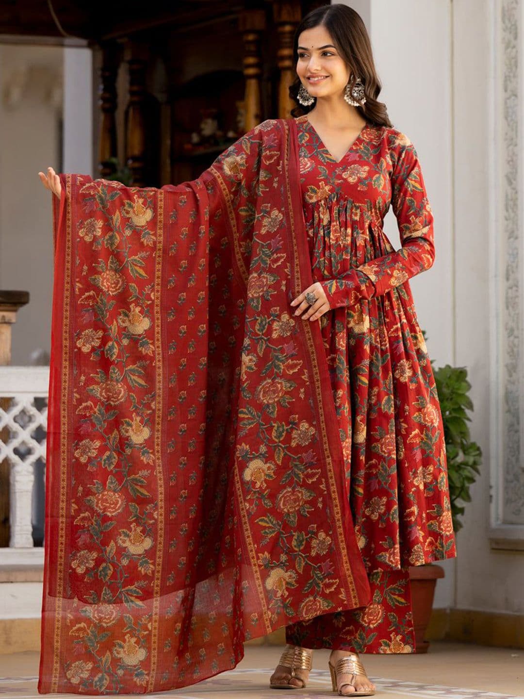 IkDaiya Floral Printed Pure Cotton Anarkali Kurta With Trousers & Dupatta - view 1