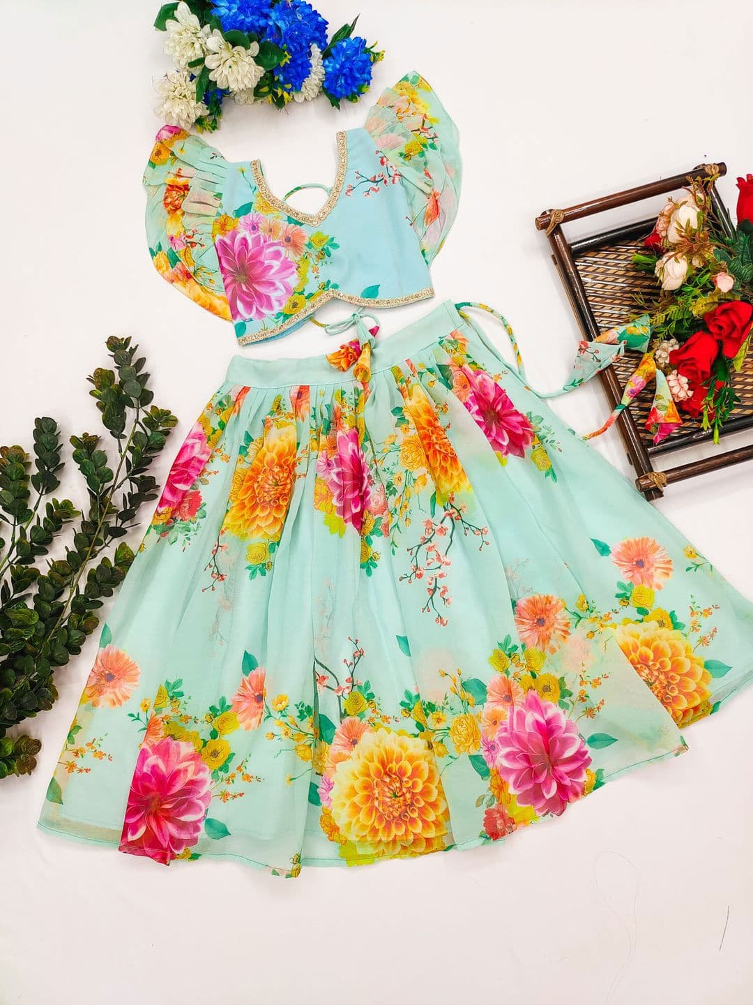 JOVK DESIGN Girls Printed Gotta Patti Ready to Wear Lehenga & Blouse - view 1