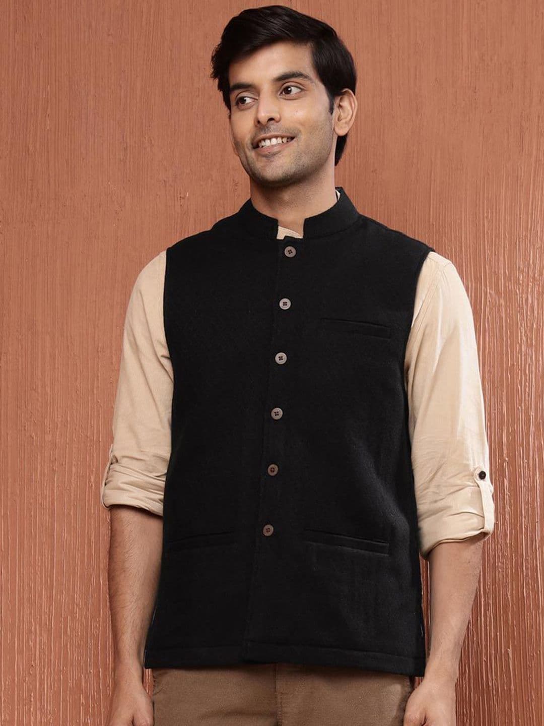 Fabindia Men Woven Design Pure Wool Nehru Jacket - view 1