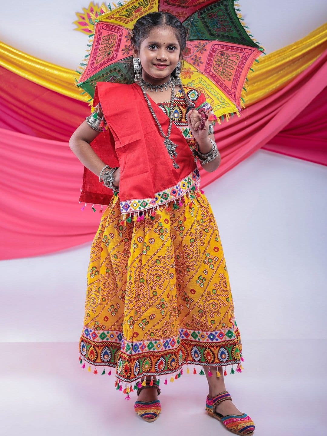 BANJARA INDIA Girls Embroidered Ready to Wear Cotton Lehenga With Blouse & Dupatta - view 1