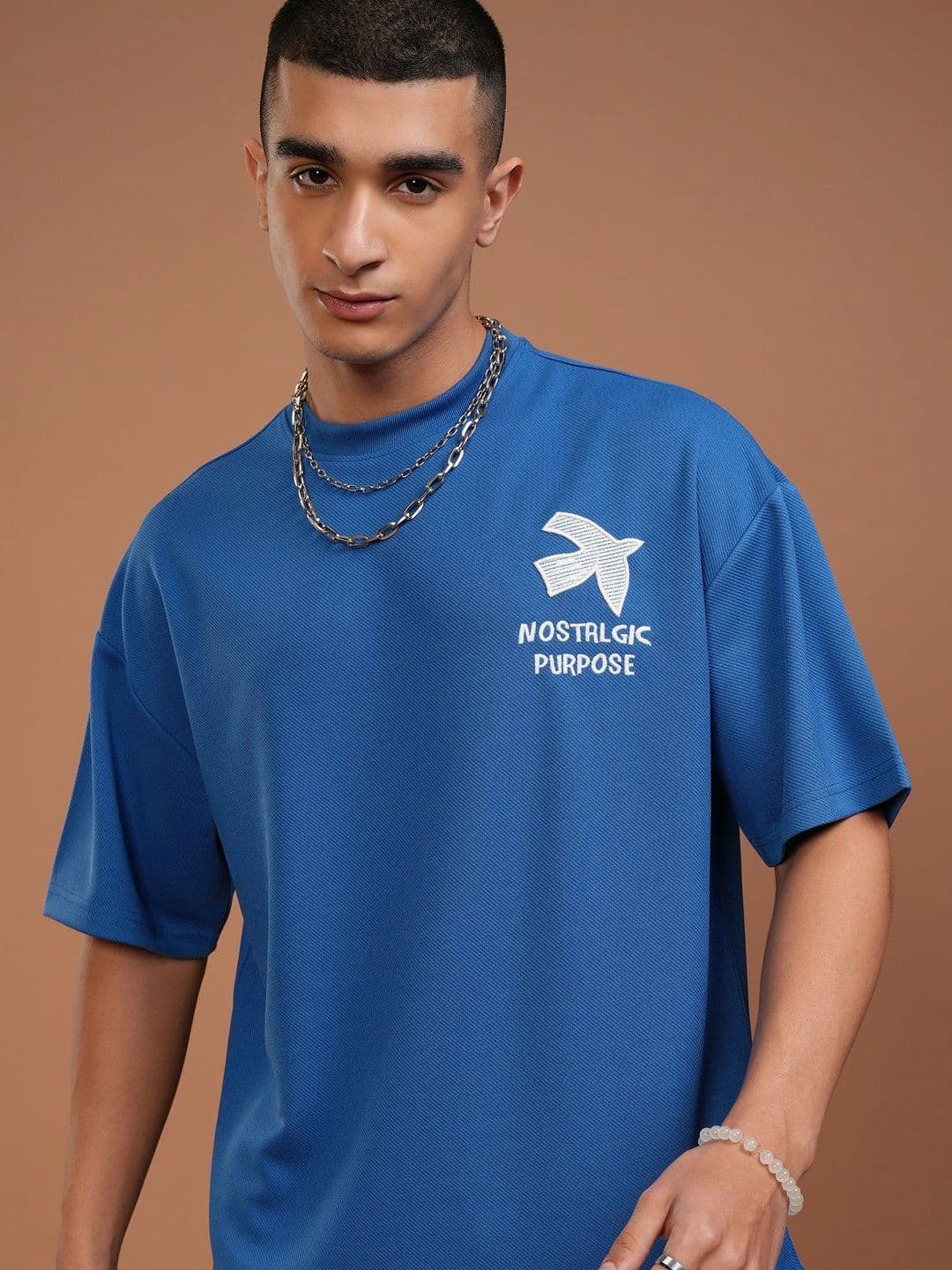 HIGHLANDER Men Round Neck Half Sleeve Oversized Embroidered T-Shirt with Embroidery - view 1