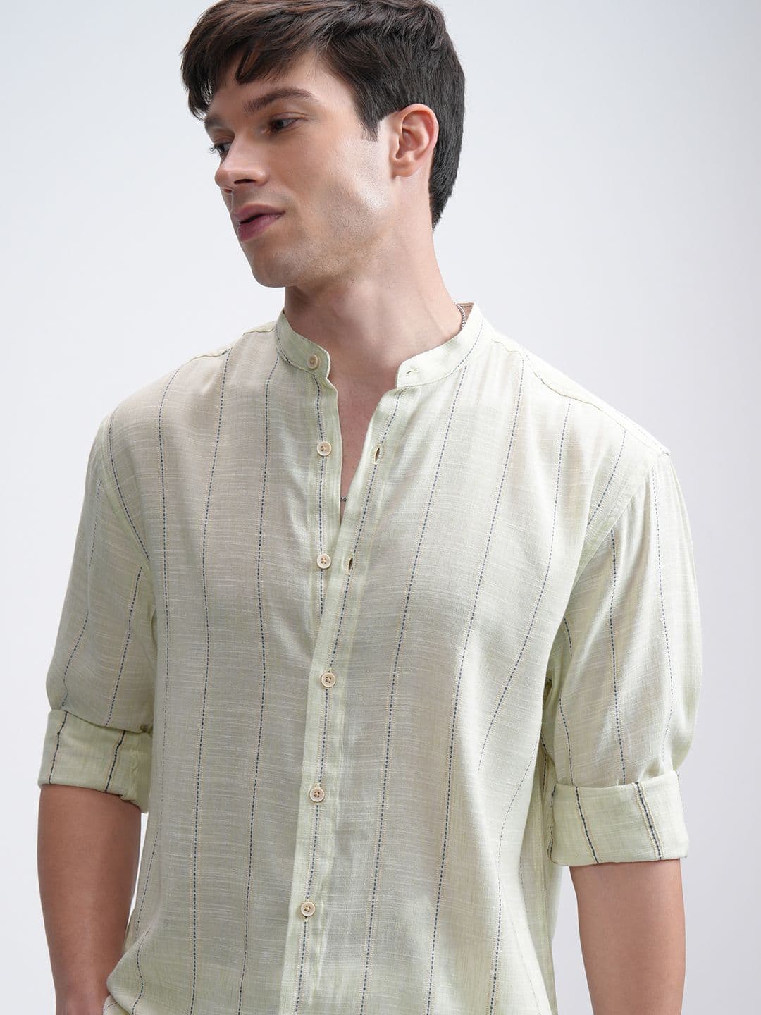 HIGHLANDER Men Chinelle Yarn Textured Striped Mandarin Collar Relaxed Shirt - view 1