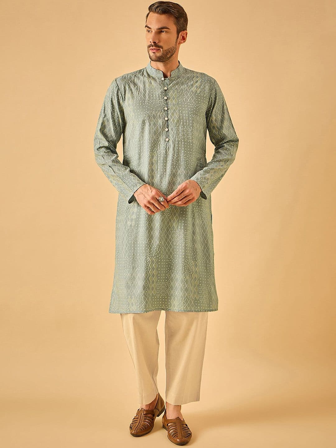 House of Pataudi Geometric Printed Mandarin Collar Straight Kurta - view 1