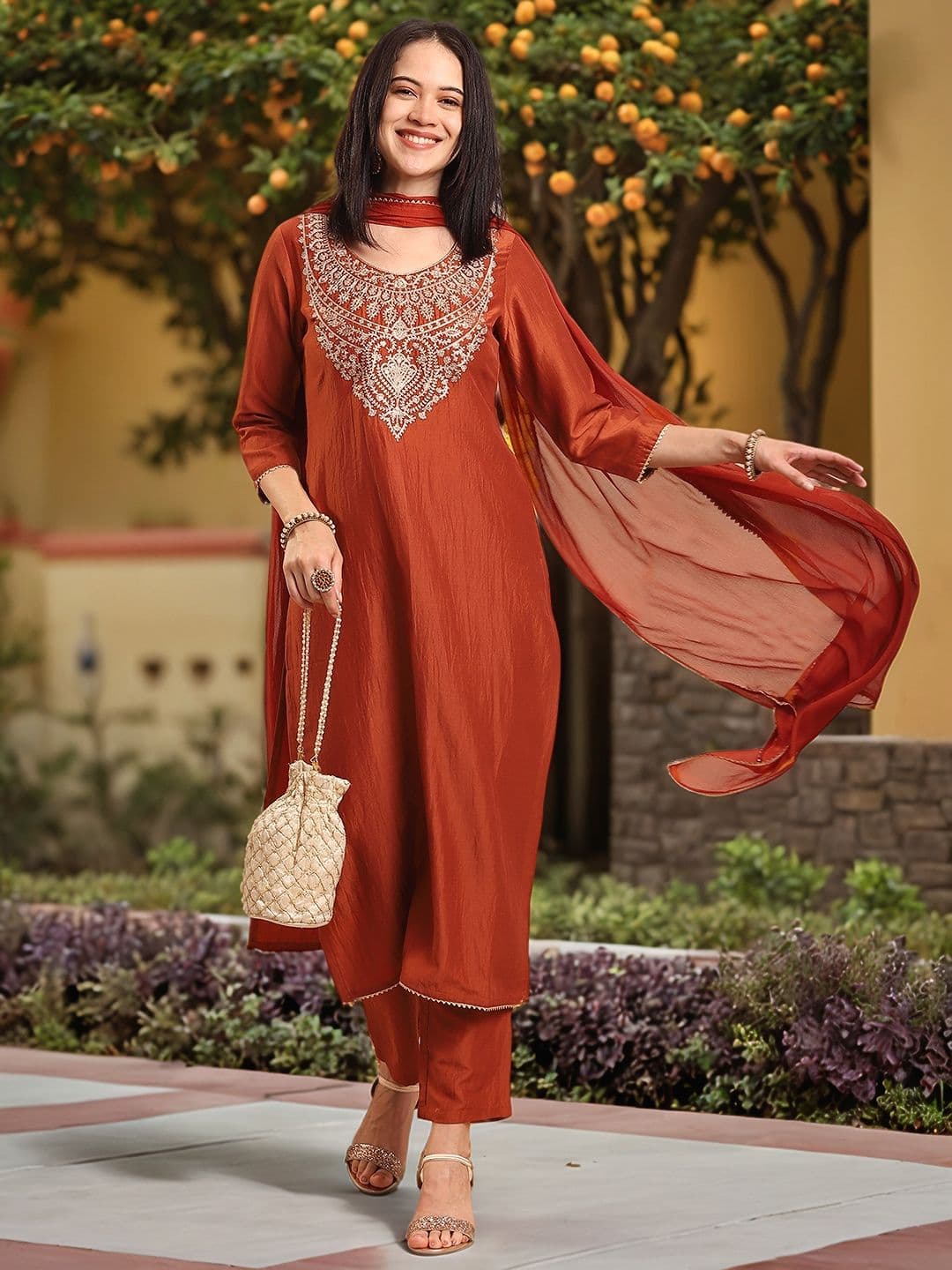 GoSriKi Ethnic Motifs Embroidered Straight Kurta With Trouser & Dupatta - view 1