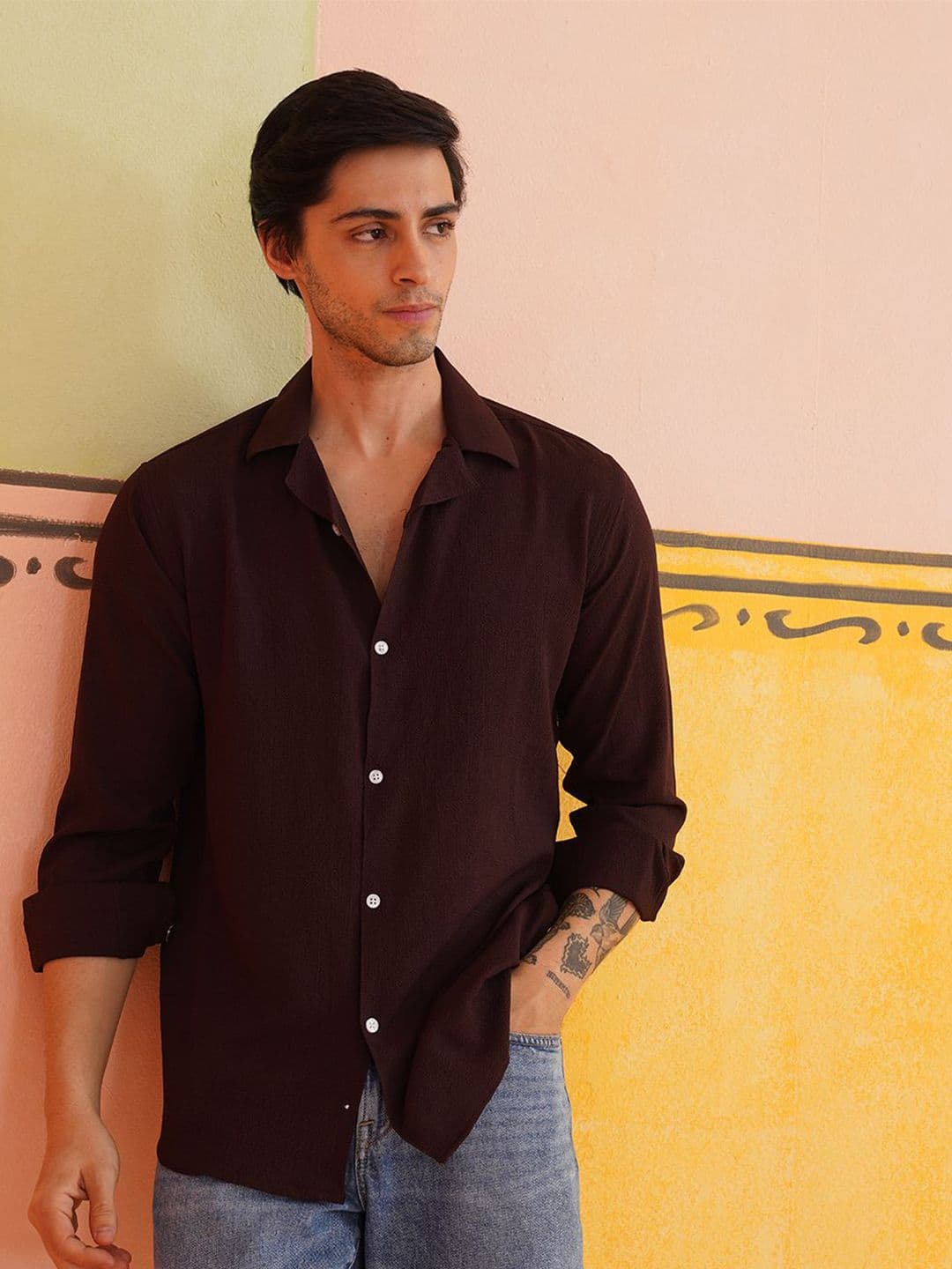 Indian Needle Men Classic Cuban Collar Solid Cotton Relaxed Fit Casual Shirt - view 1