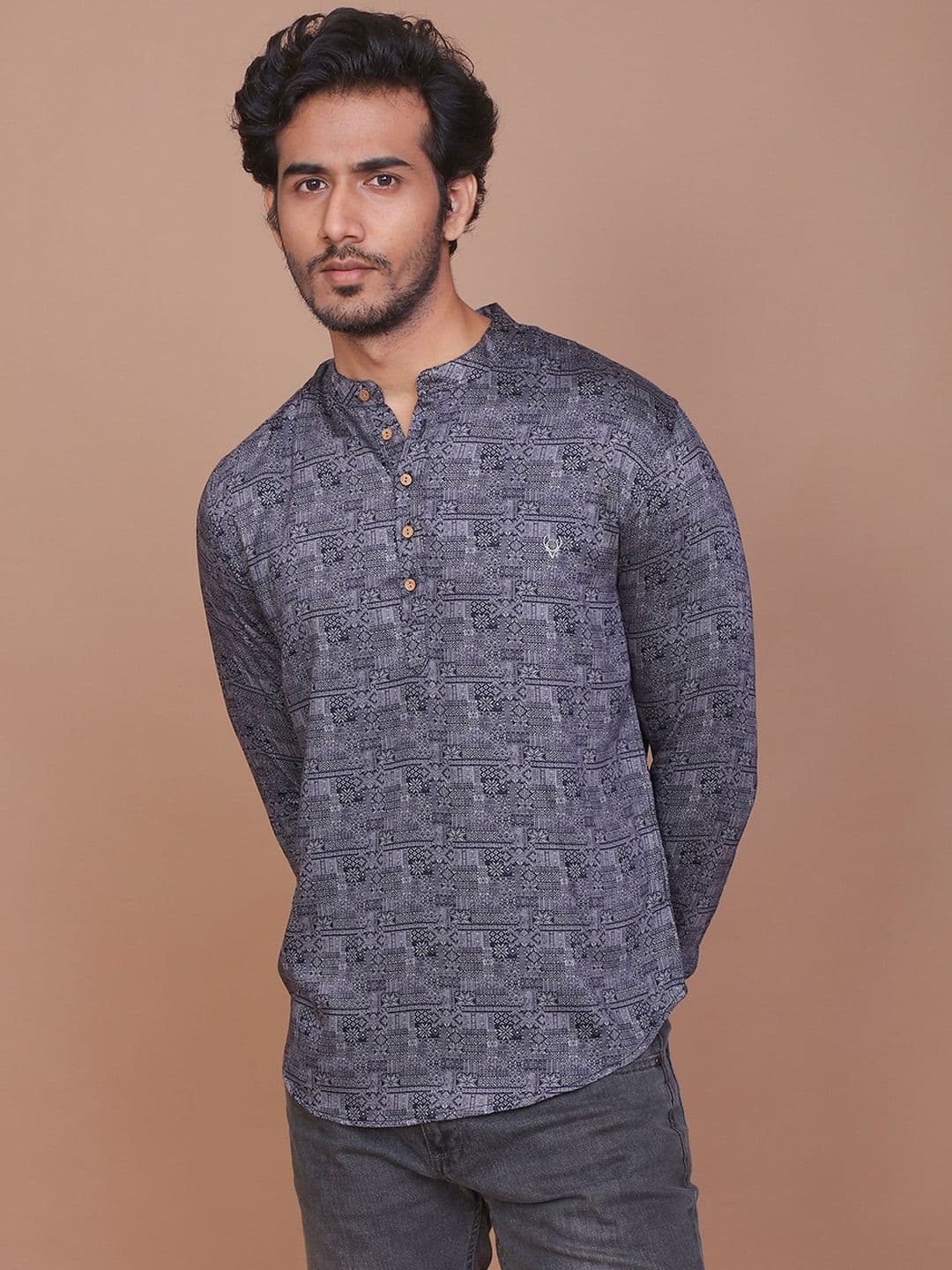 RAVINIK Floral Printed Band Collar Cotton Straight Short Kurta - view 1