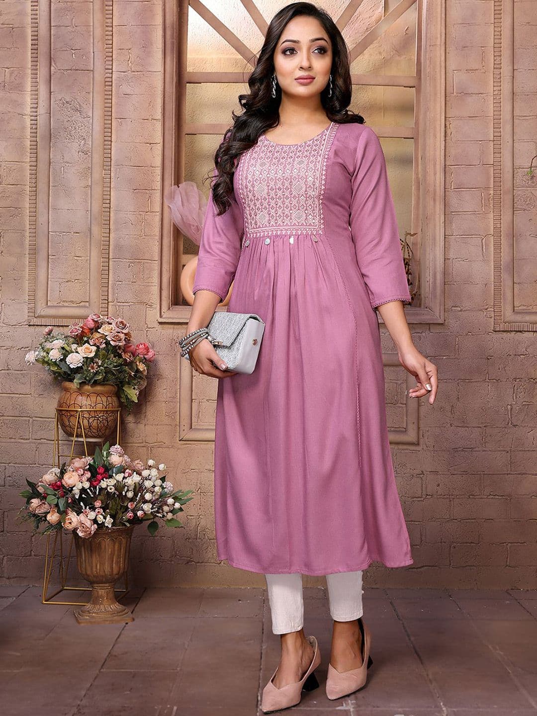 Rangita Floral Embroidered Yoke Design Thread Work A-Line Kurta - view 1