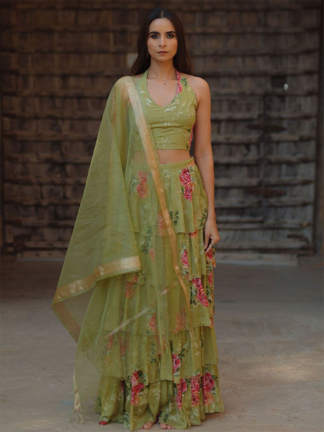 BAARO MASI Floral Printed Sequinned Ready to Wear Lehenga & Blouse With Dupatta - view 1