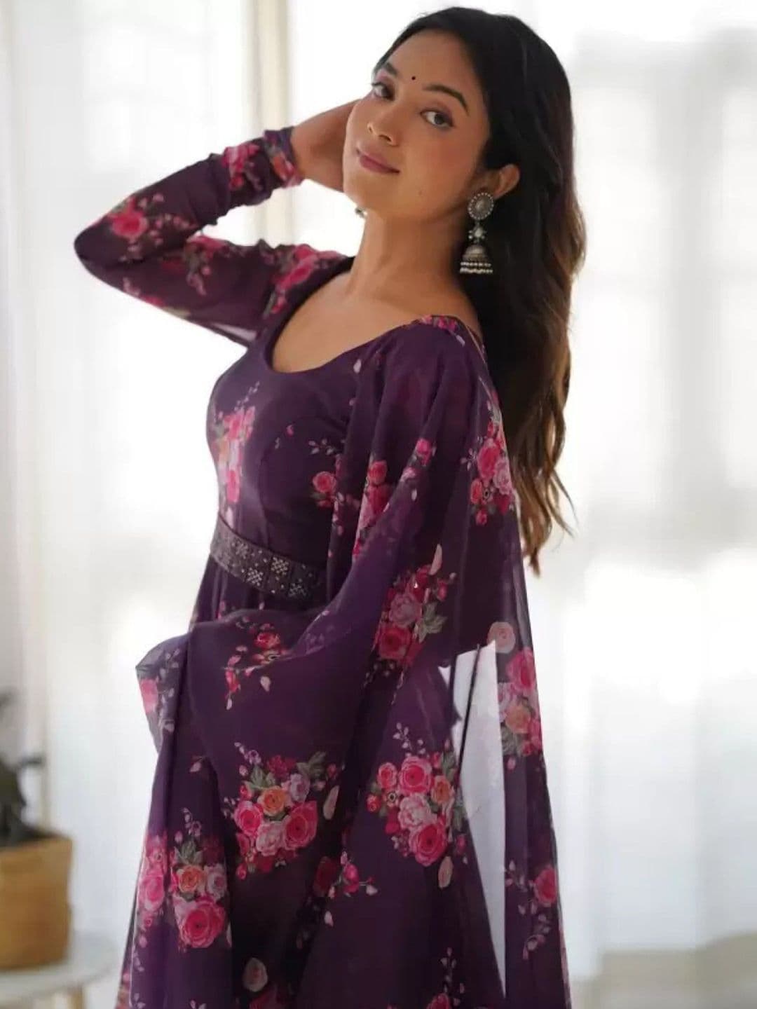 Femvy Floral Printed Fit & Flare Maxi Ethnic Dress With Dupatta - view 1