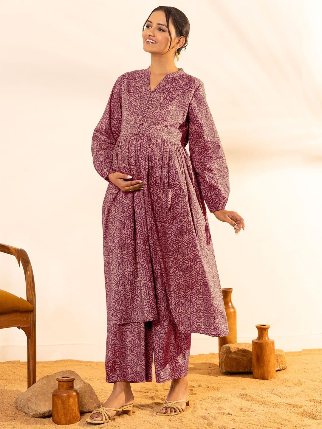 Janasya Ethnic Motifs Printed Pure Cotton A Line Maternity Kurta with Trousers - view 1