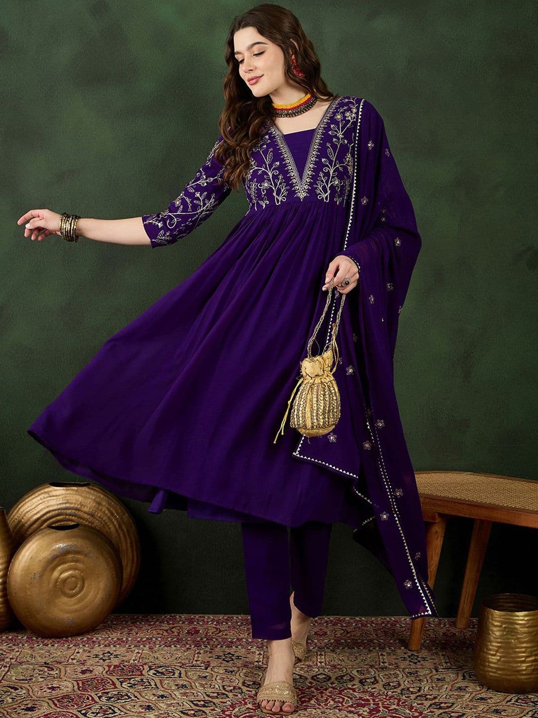 Sangria Purple Floral Embroidered Regular Sequinned Georgette Kurta & Trouser With Dupatta - view 1