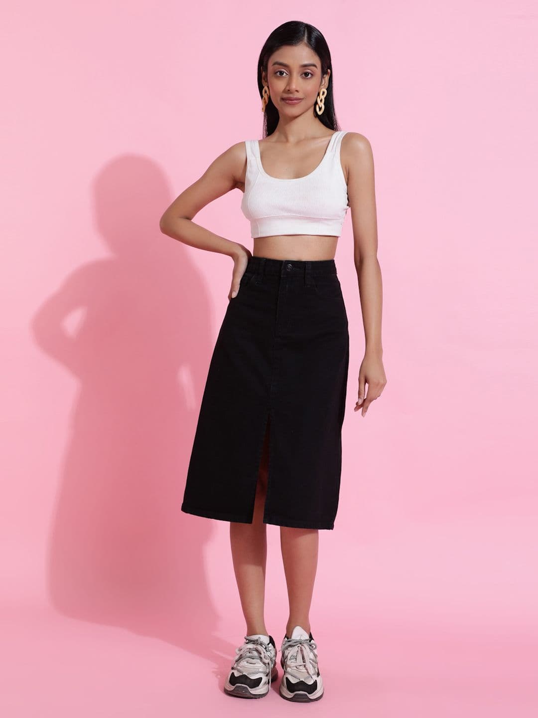 Belliskey Women Solid Black Front Slit Knee Length Denim Skirt - view 1