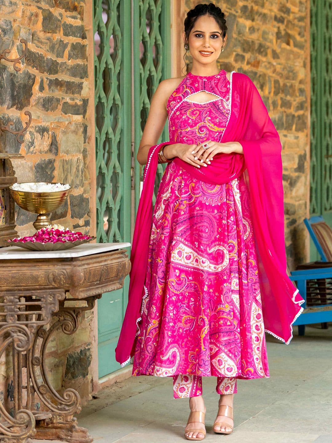 GAYRAA Paisley Printed Anarkali Pure Cotton Kurta With Trousers & Dupatta - view 1