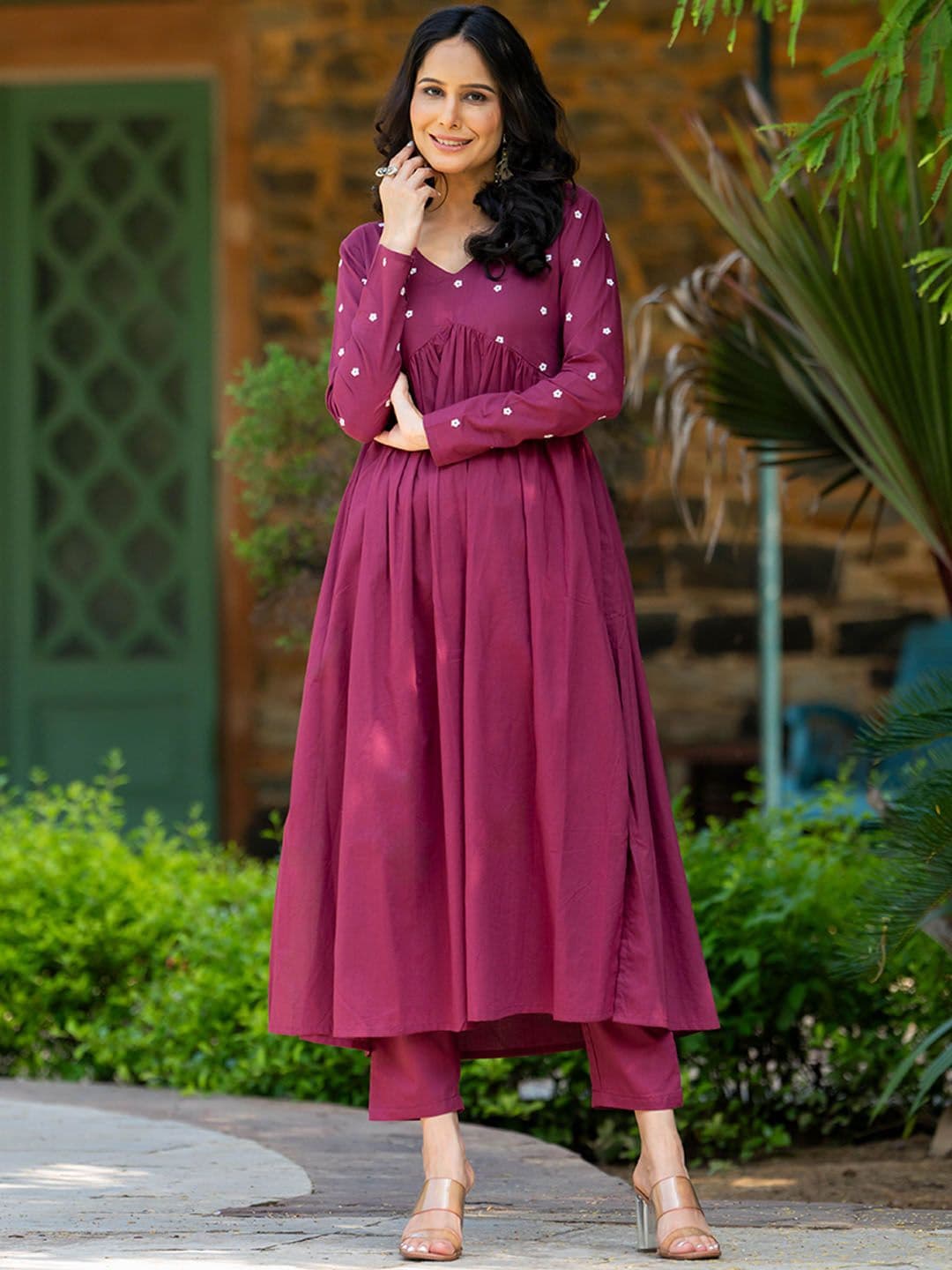 GAYRAA Floral Embroidered Empire Styled A-Line Pure Cotton Kurta With Trousers - view 1
