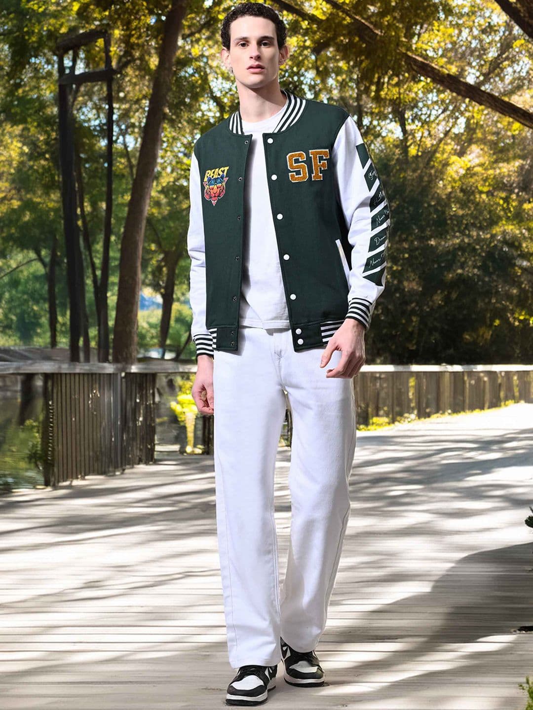 STARFOX Men Stand Collar Typography Printed Fleece Casual Varsity Lightweight Jacket - view 1