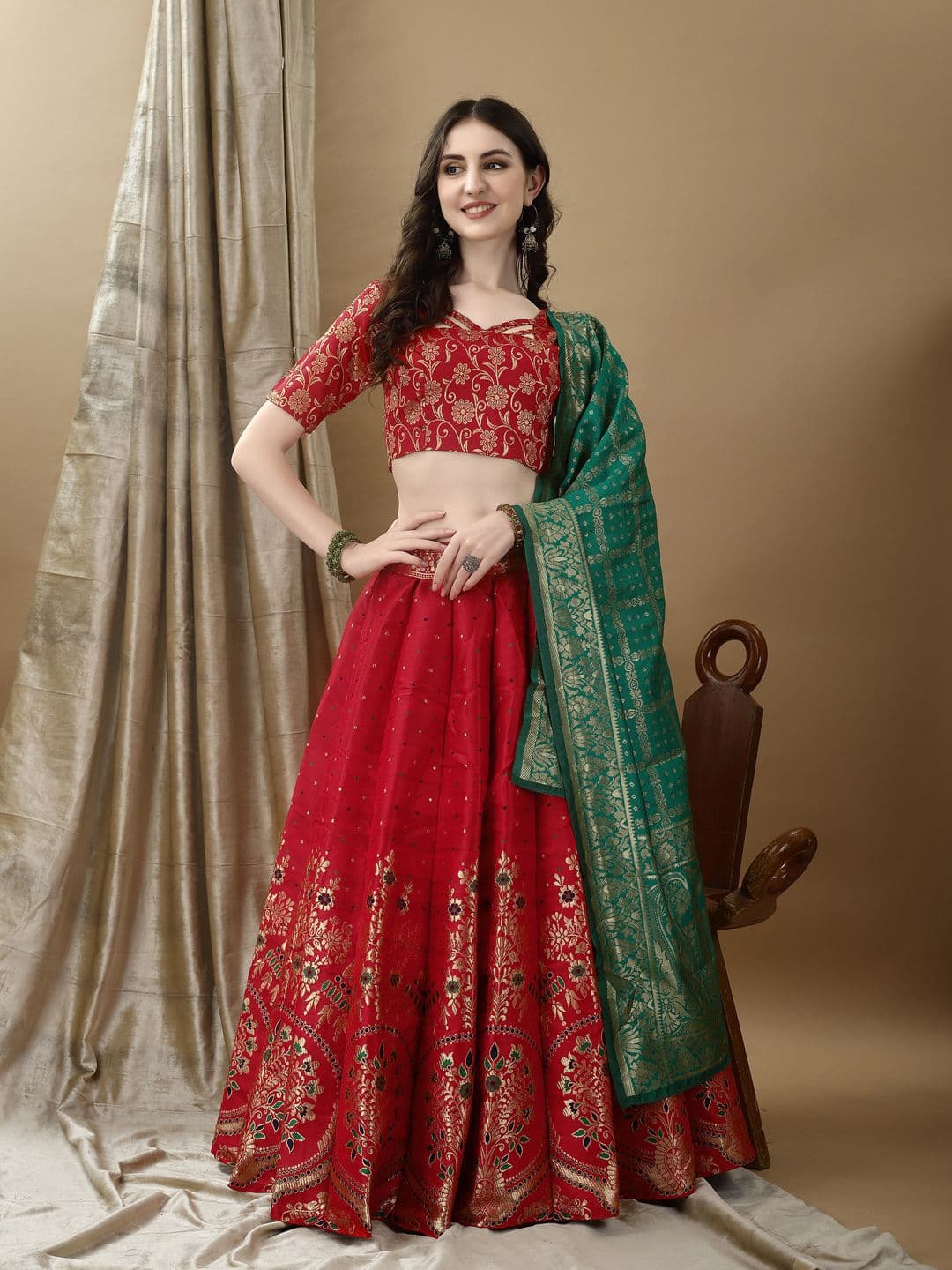 SWAMI STUDIO Floral Woven Design Zari Ready to Wear Lehenga Unctitched Blouse & Dupatta - view 1