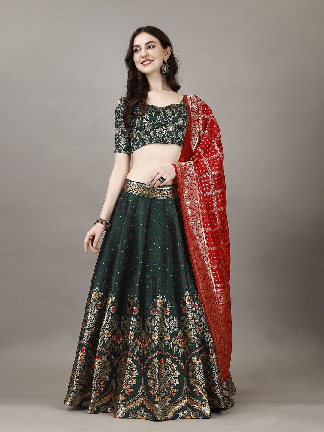 SWAMI STUDIO Floral Woven Design Zari Ready to Wear Lehenga Unctitched Blouse & Dupatta - view 1
