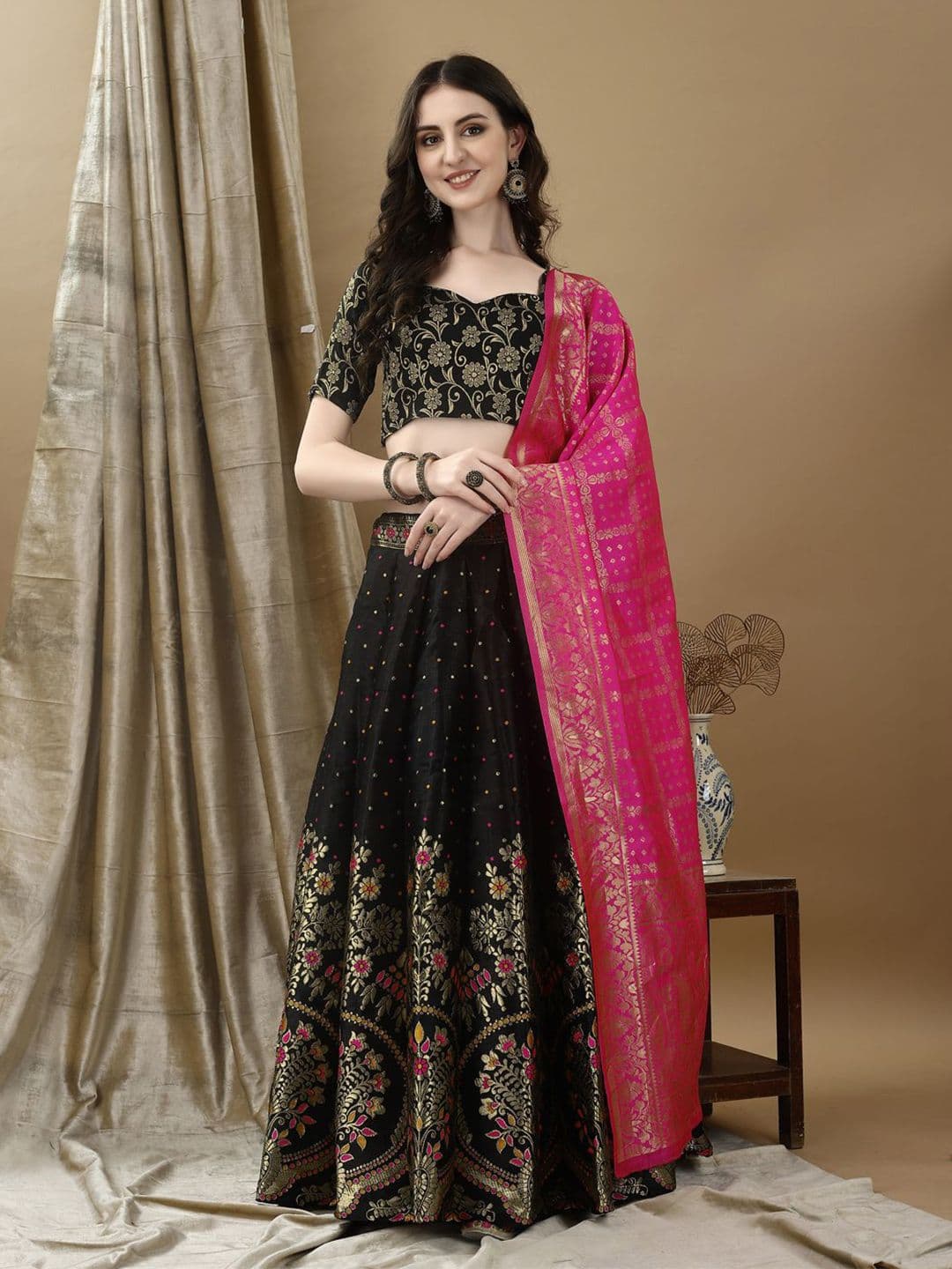 SWAMI STUDIO Floral Woven Design Zari Ready to Wear Lehenga Unctitched Blouse & Dupatta - view 1