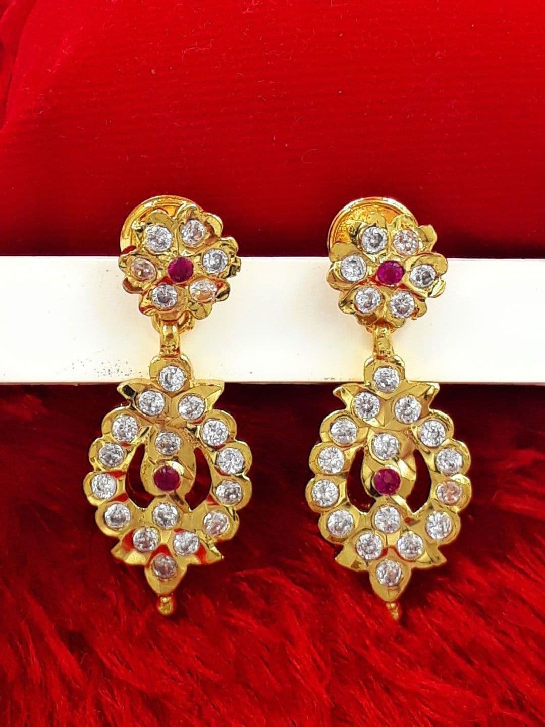 Anujeet Fashion Hub Gold-Plated American Diamond Studded Floral Drop Earrings - view 1