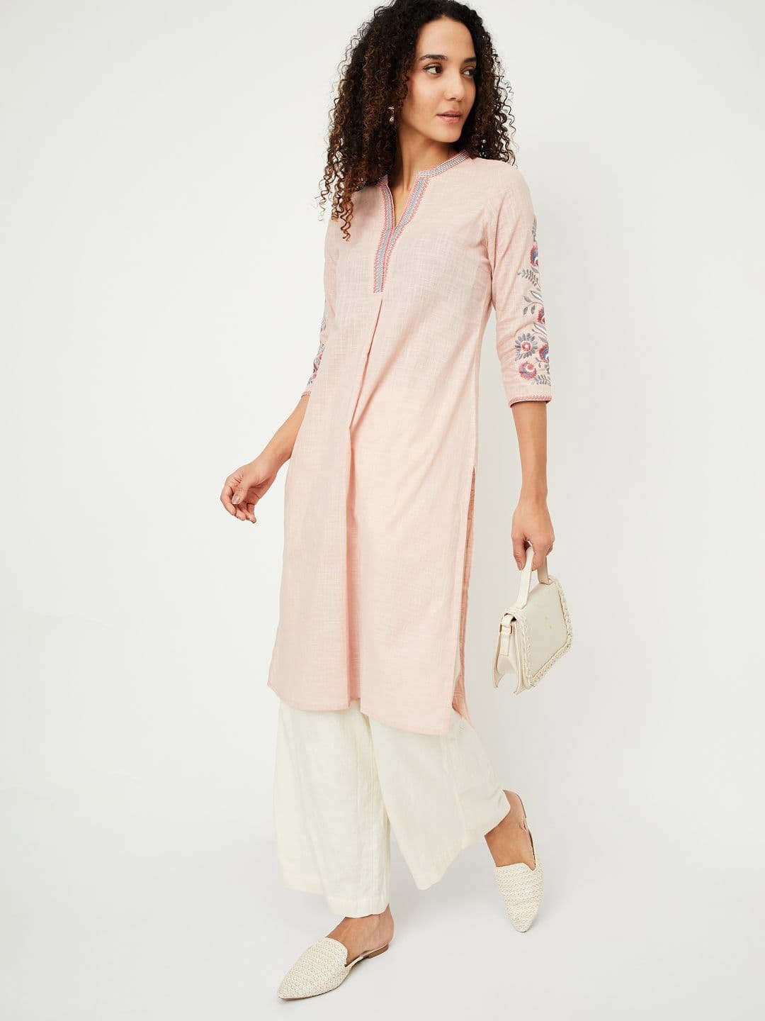 max Floral Embroidered Mandarin Collar Thread Work Straight Cotton Kurta - view 1