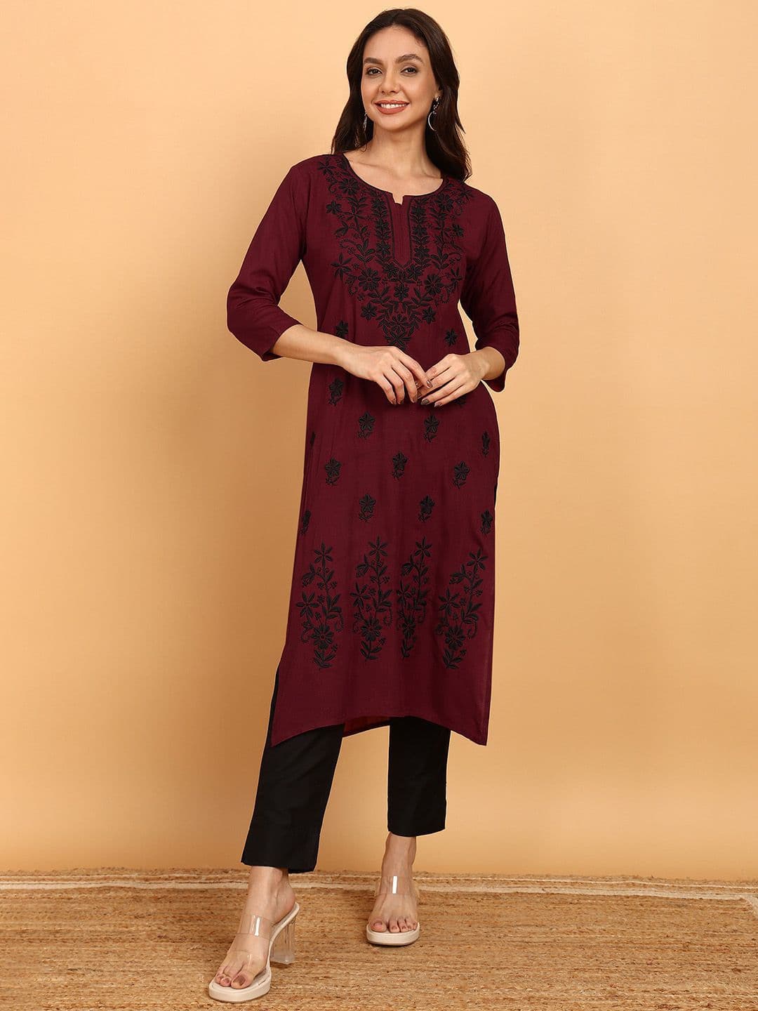 TOP N THREAD Floral Embroidered Round Neck Chikankari Machine Weave Straight Kurta - view 1