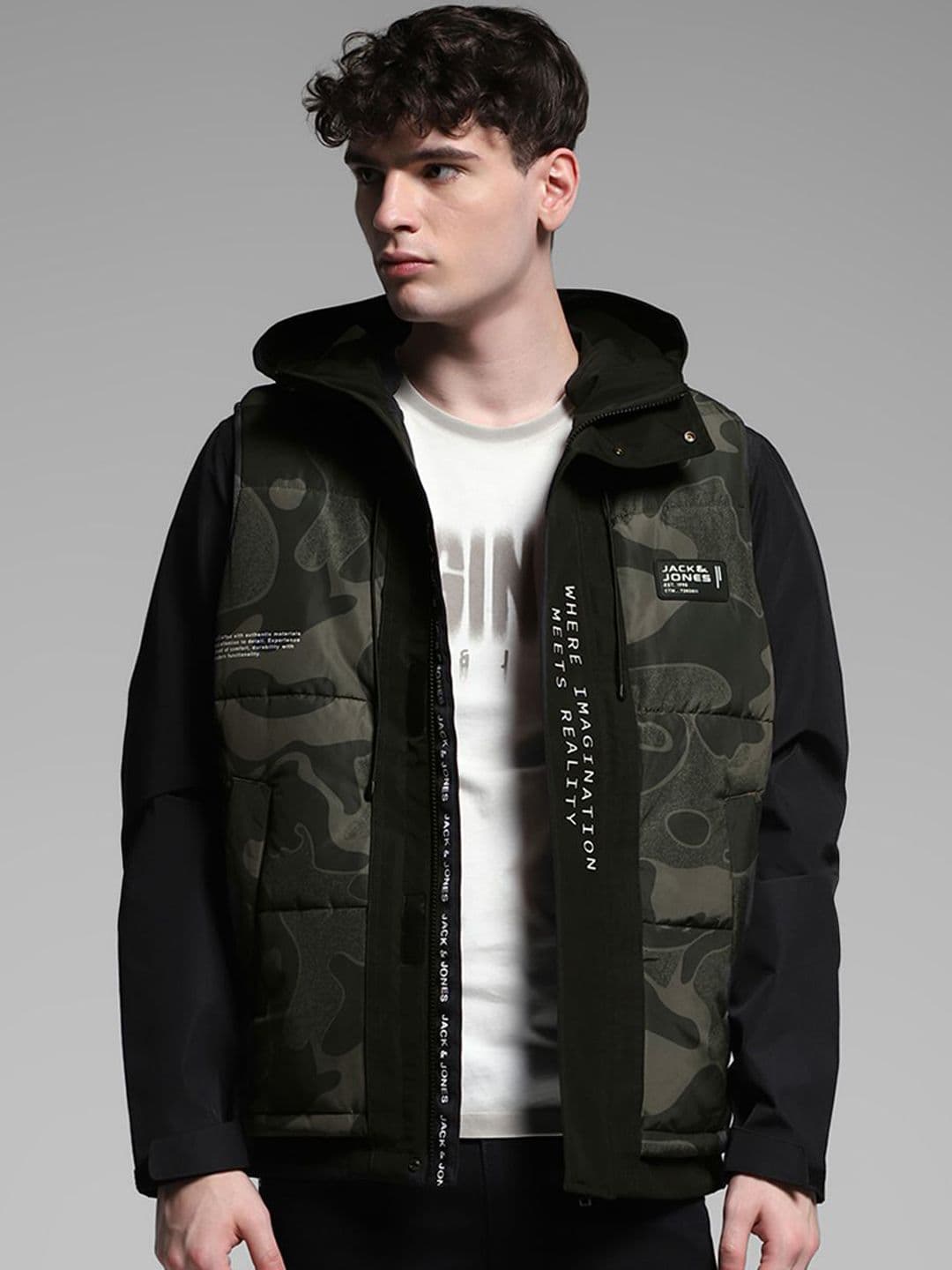 Jack & Jones Men Hooded Camouflage Printed Casual Gilet Jacket - view 1