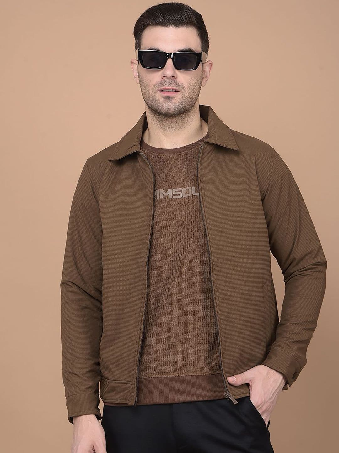Crimsoune Club Men Spread Collar Self Design Casual Bomber Lightweight Jacket - view 1