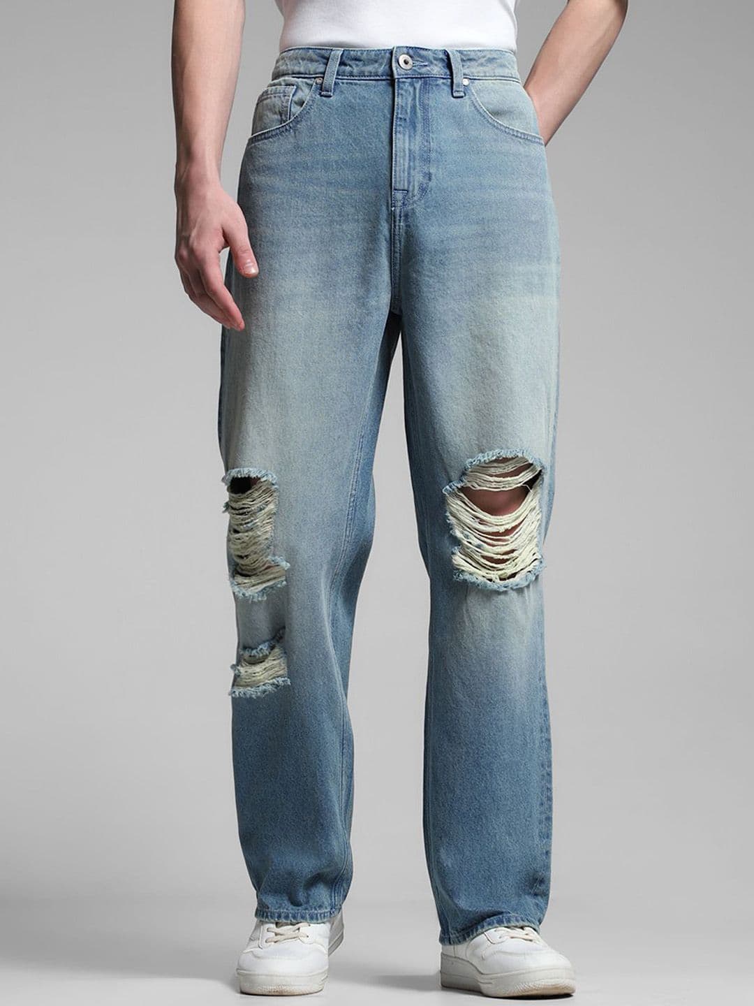Jack & Jones Men Wide Leg High-Rise Highly Distressed Heavy Fade Cotton Jeans - view 1