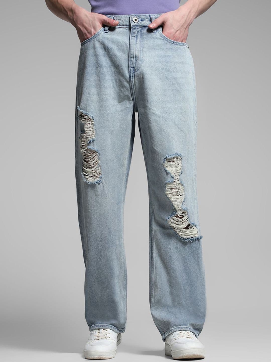 Jack & Jones Men Wide Leg High-Rise Highly Distressed Pure Cotton Light Fade Jeans - view 1