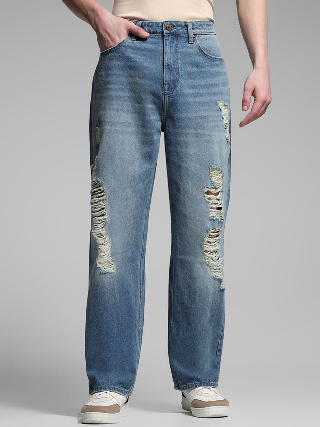 Jack & Jones Men Wide Leg High-Rise Highly Distressed Light Fade Cotton Jeans - view 1
