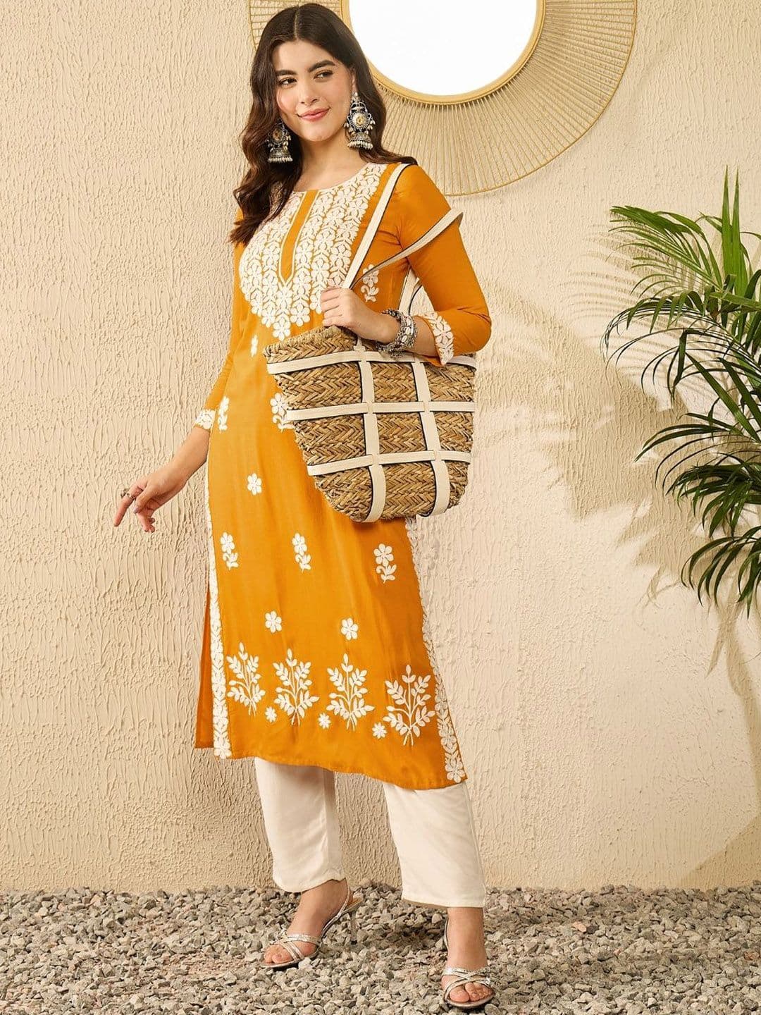KALINI Floral Embroidered Round Neck Thread Work Straight Kurta - view 1