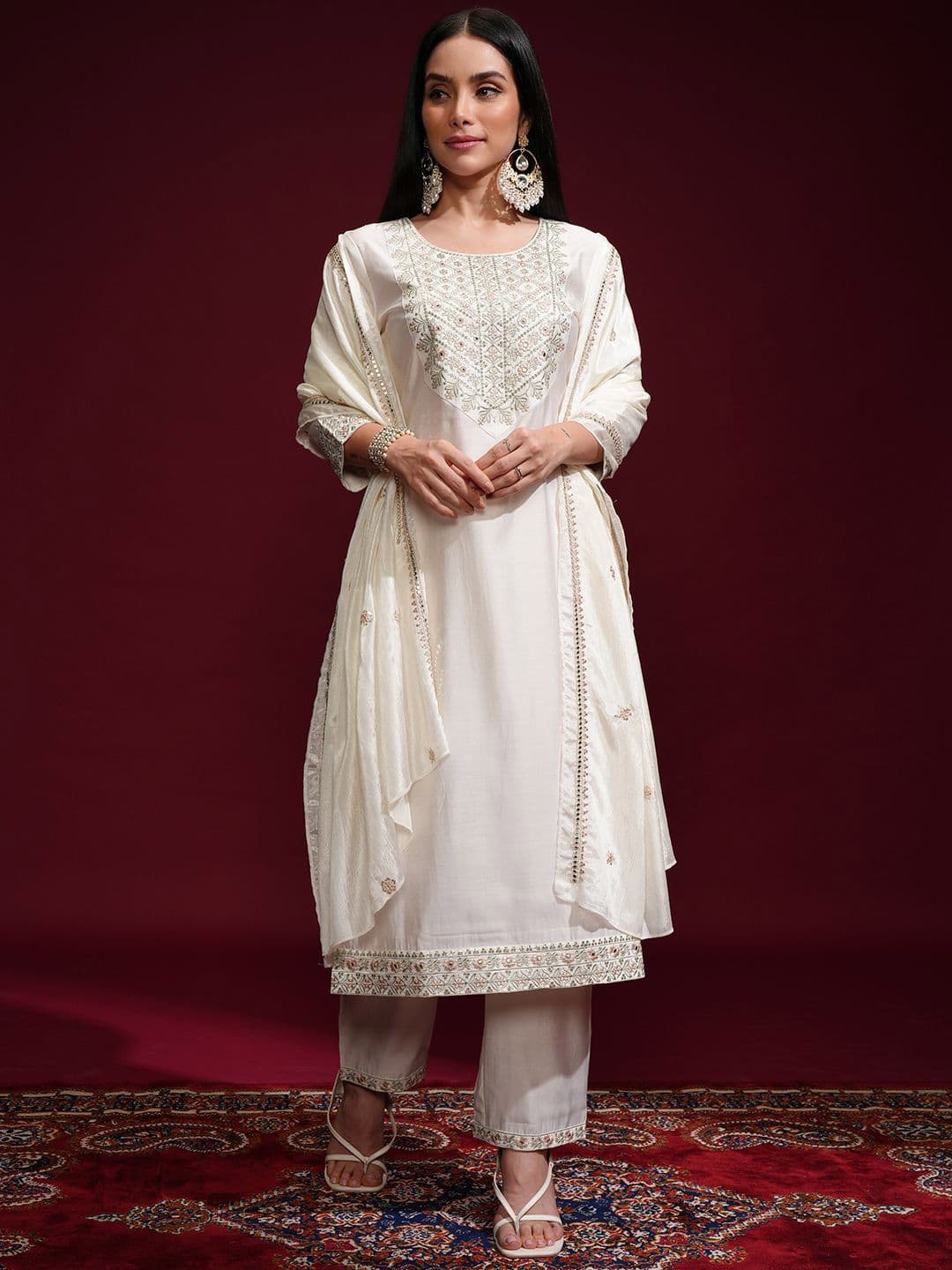 Vishudh Women Embroidered Kurta with Pant & Chinon Chiffon Dupatta - view 1