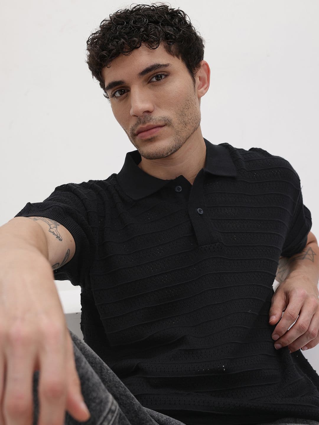 The Roadster Life Co. Men Polo Collar Pure Cotton Open Weave Knitted T-shirt - view 1