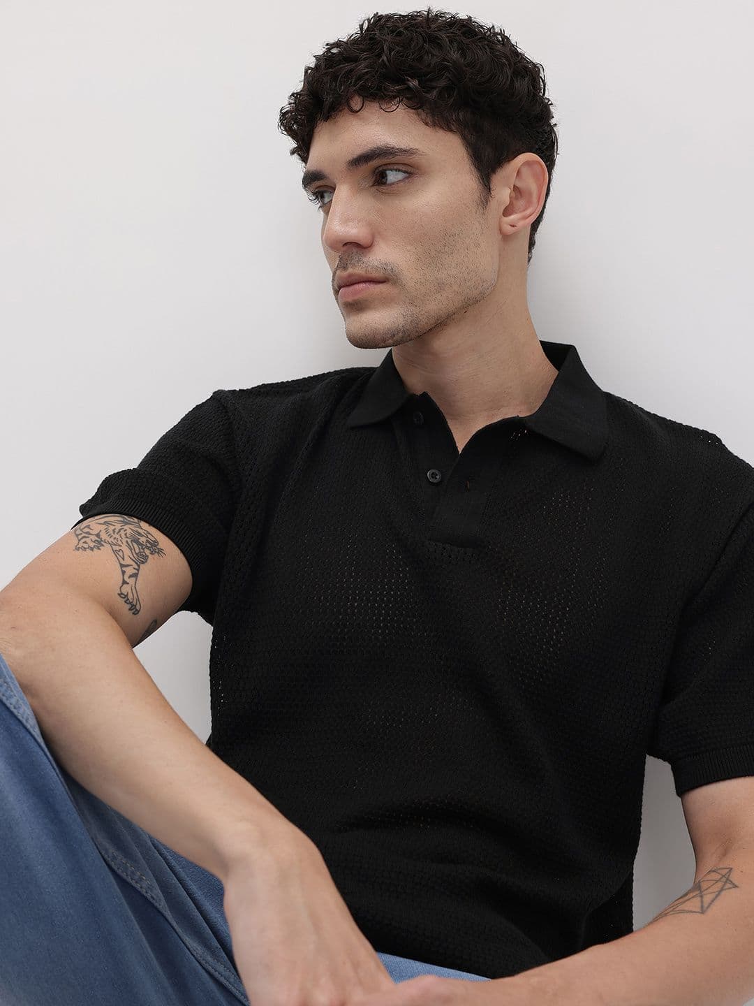 The Roadster Life Co. Men Polo Collar Open Knit Pure Cotton T-shirt - view 1