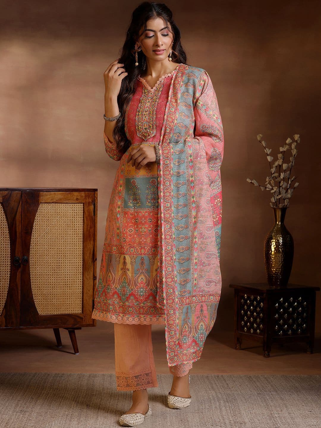 Libas Women Ethnic Motifs Printed Regular Mirror Work Linen Kurta with Palazzos & With Dupatta - view 1