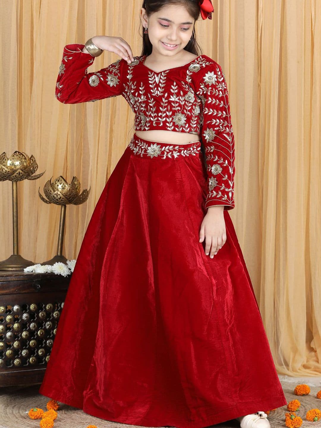 THE LITTLE CELEBS Girls Embellished Beads and Stones Ready to Wear Lehenga & - view 1