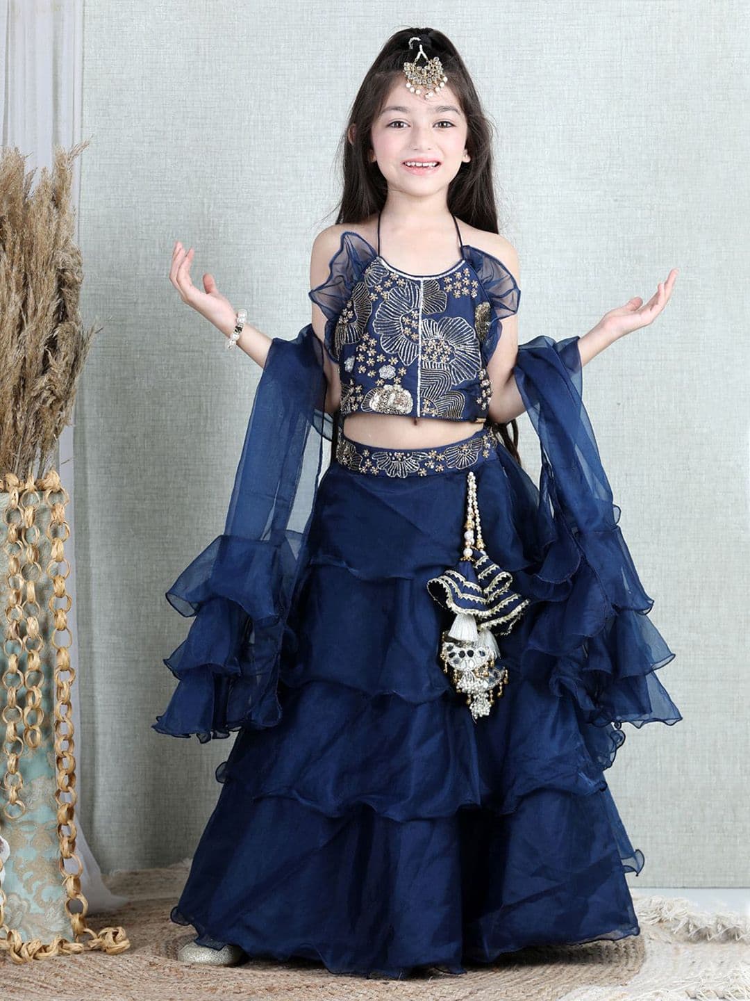 THE LITTLE CELEBS Girls Embellished Beads and Stones Ready to Wear Lehenga & Blouse With Dupatta - view 1