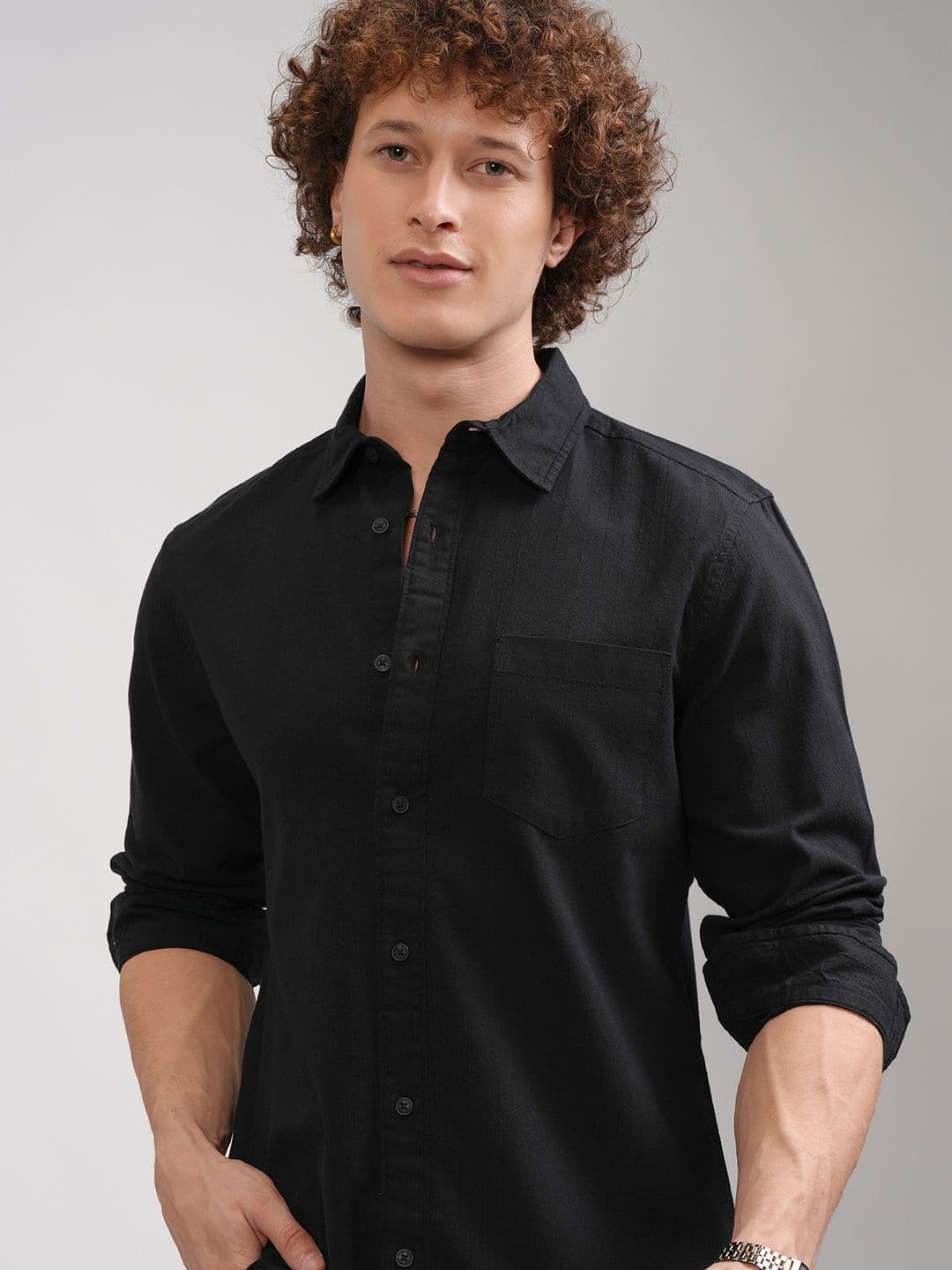 HIGHLANDER Men Spread Collar Textured Cotton Casual Shirt - view 1