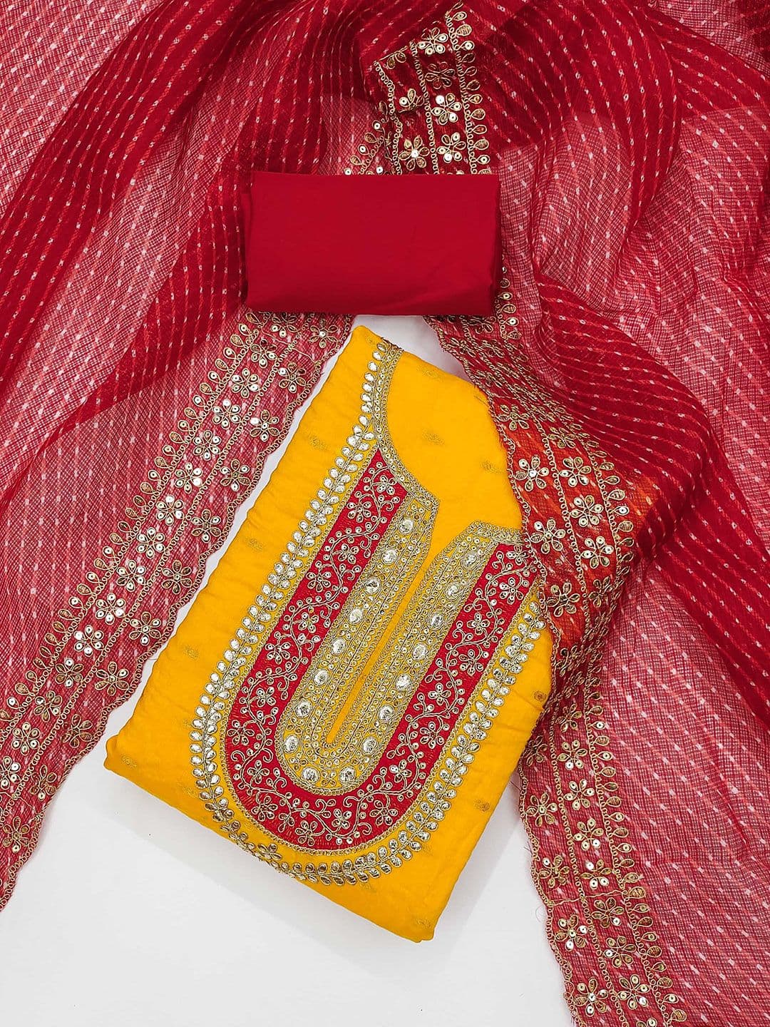 KALINI Ethnic Motifs Embroidered Sequinned Chanderi Butti Silk Unstitched Dress Material - view 1