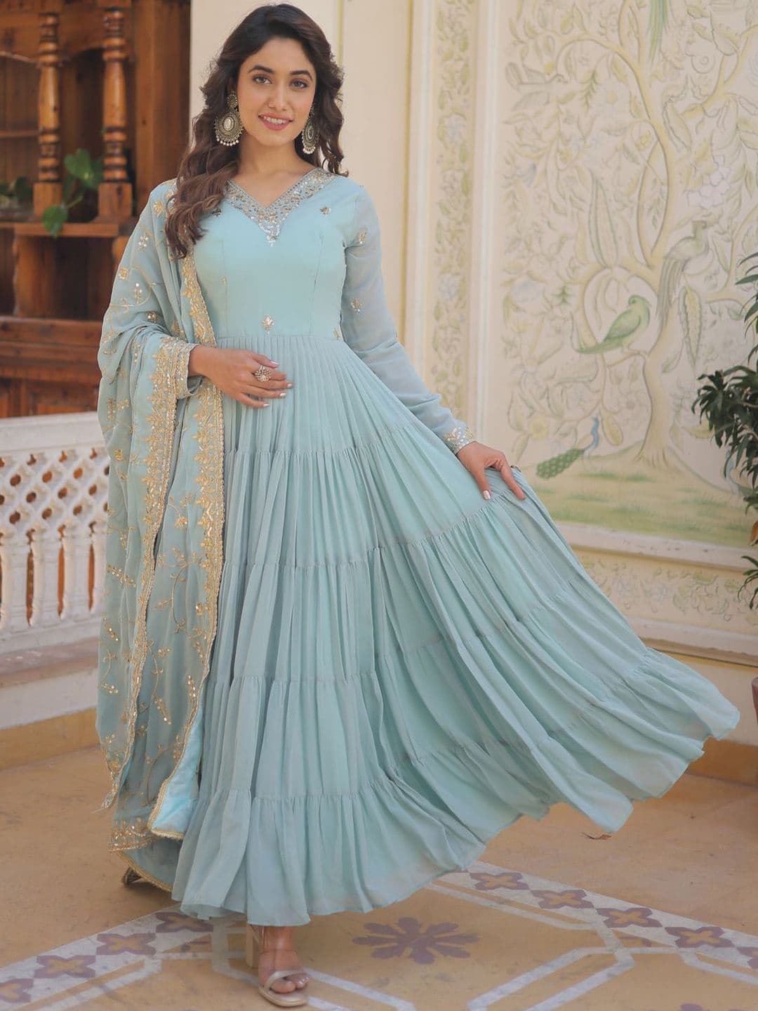 KALINI Floral Embroidered Tiered Georgette Maxi Anarkali With Dupatta - view 1