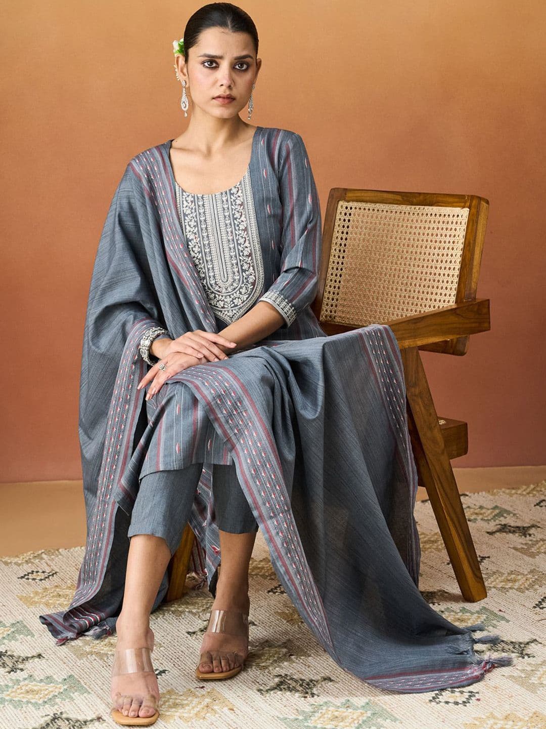 KALINI Ethnic Motifs Embroidered Straight Kurta With Trousers And Dupatta - view 1