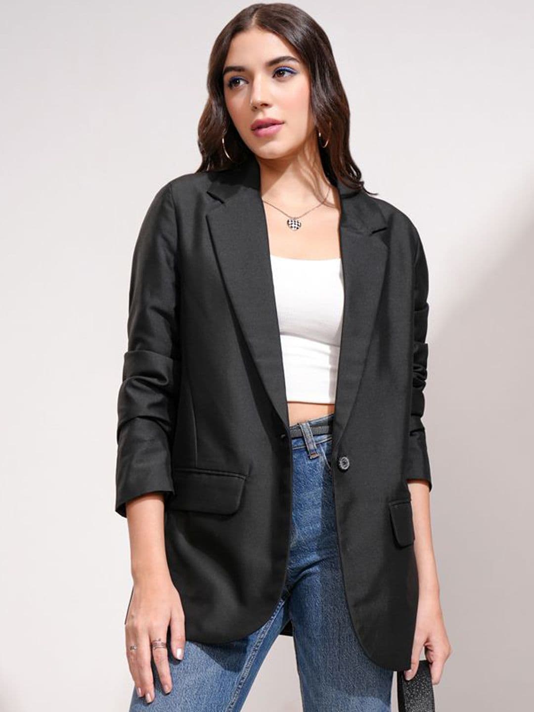 Tokyo Talkies Black Single-Breasted Notched Lapel Collar Double Vent Regular Fit Blazer - view 1