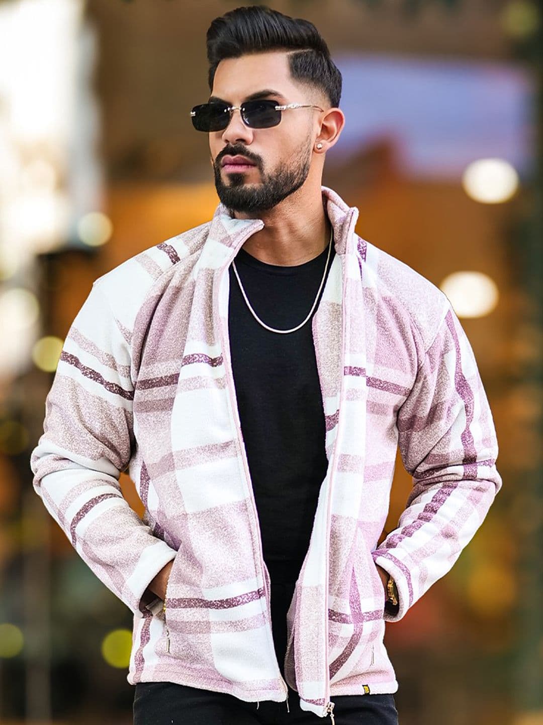 Maniac Men Mock Collar Checked Cotton Casual Tailored Jacket - view 1