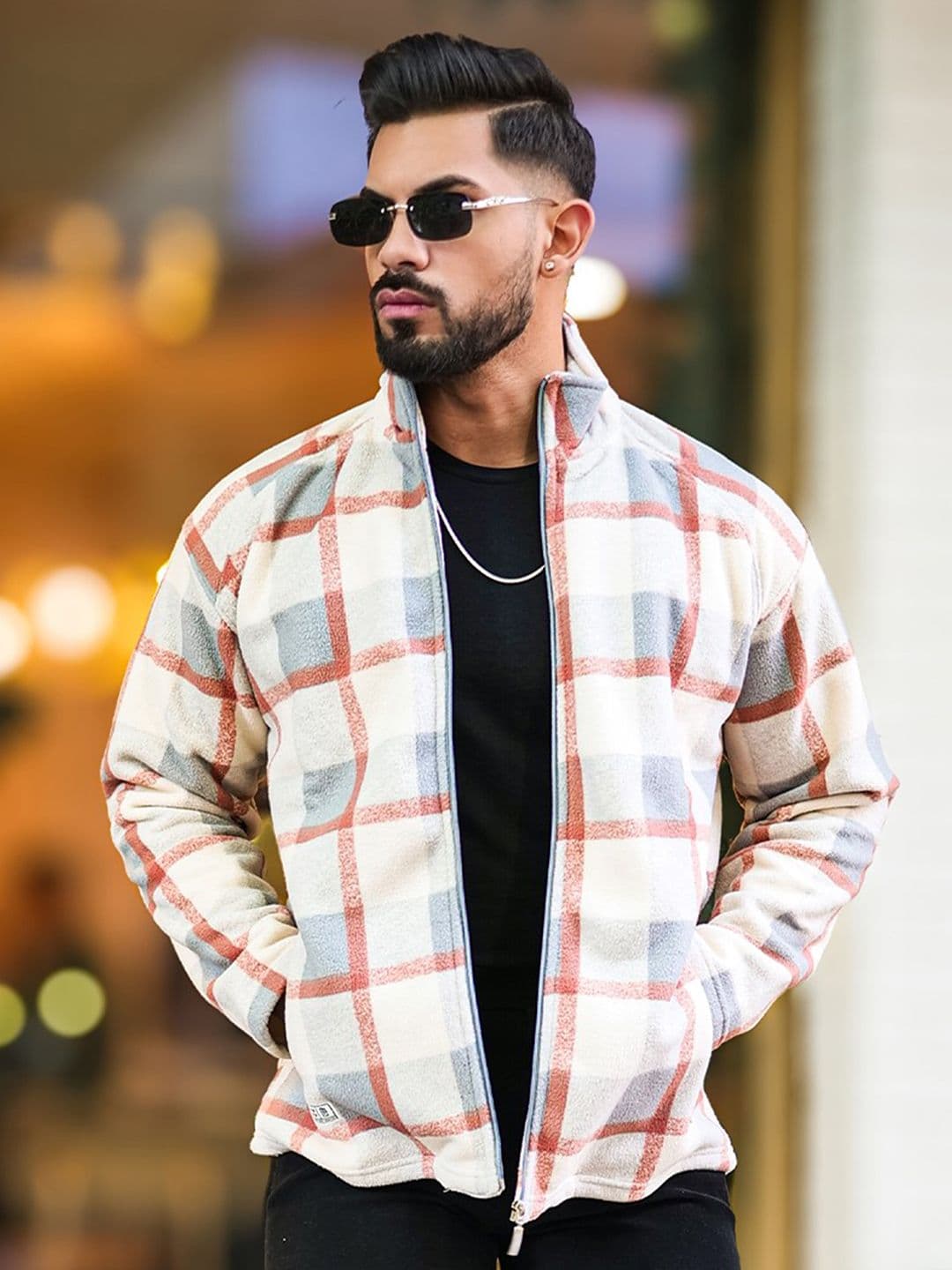 Maniac Men Mock Collar Checked Cotton Casual Tailored Jacket - view 1