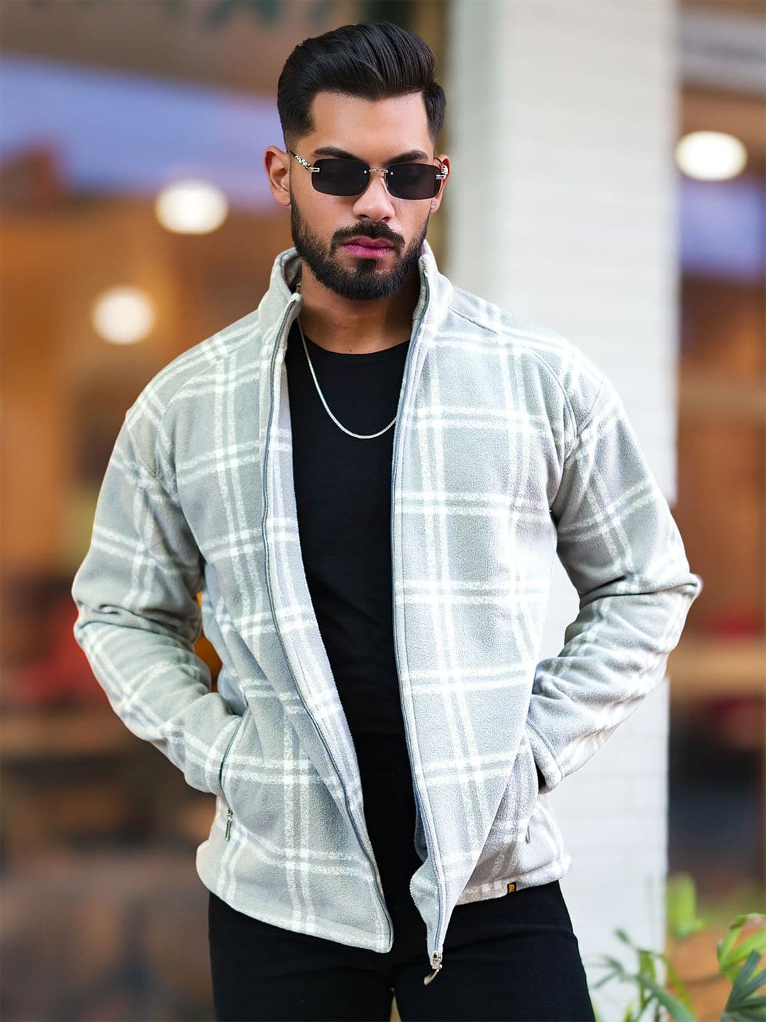 Maniac Men Mock Collar Checked Cotton Casual Tailored Jacket - view 1