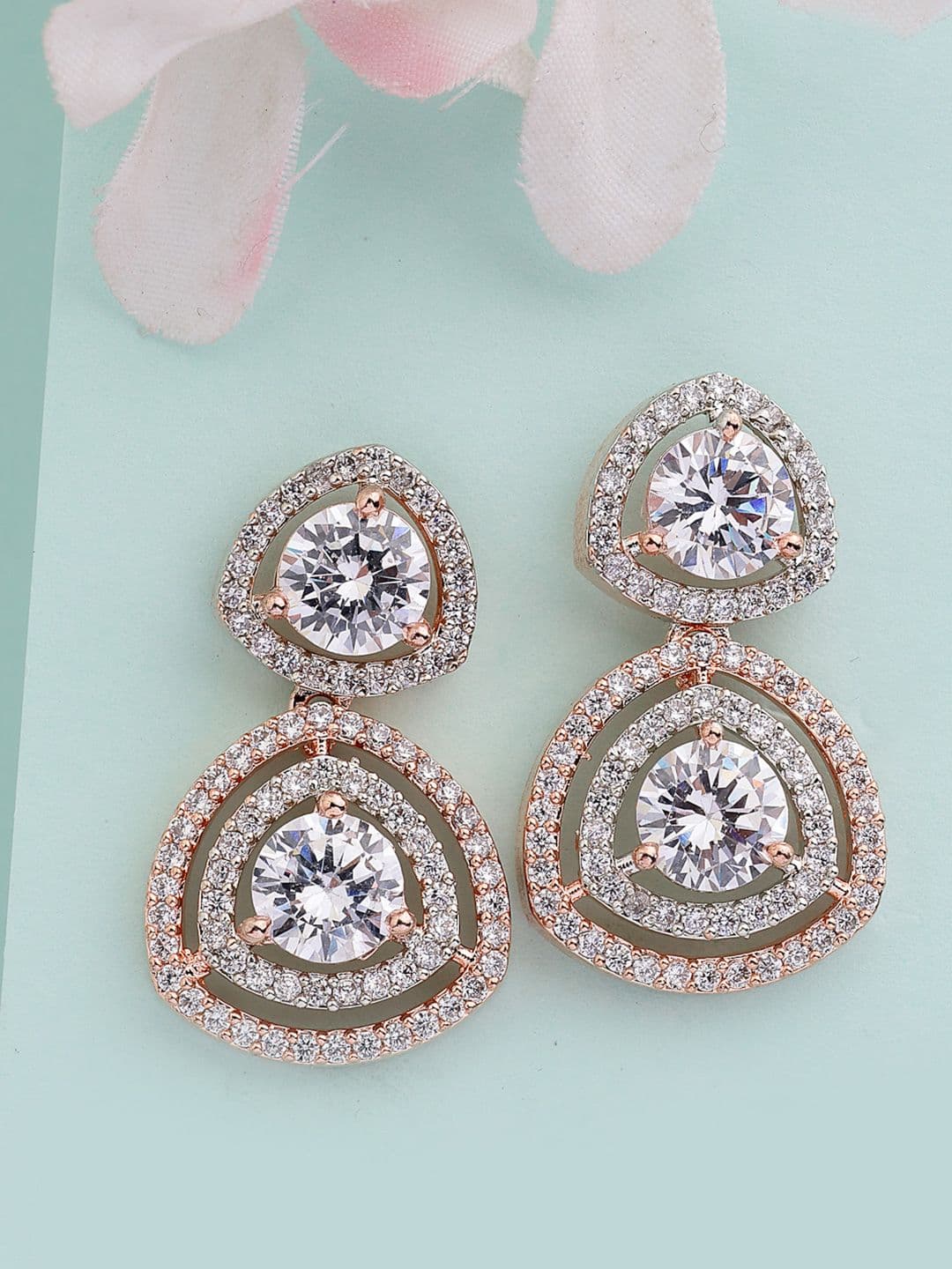ZENEME Rose Gold-Plated American Diamond Studded Geometrical Drop Earrings - view 1