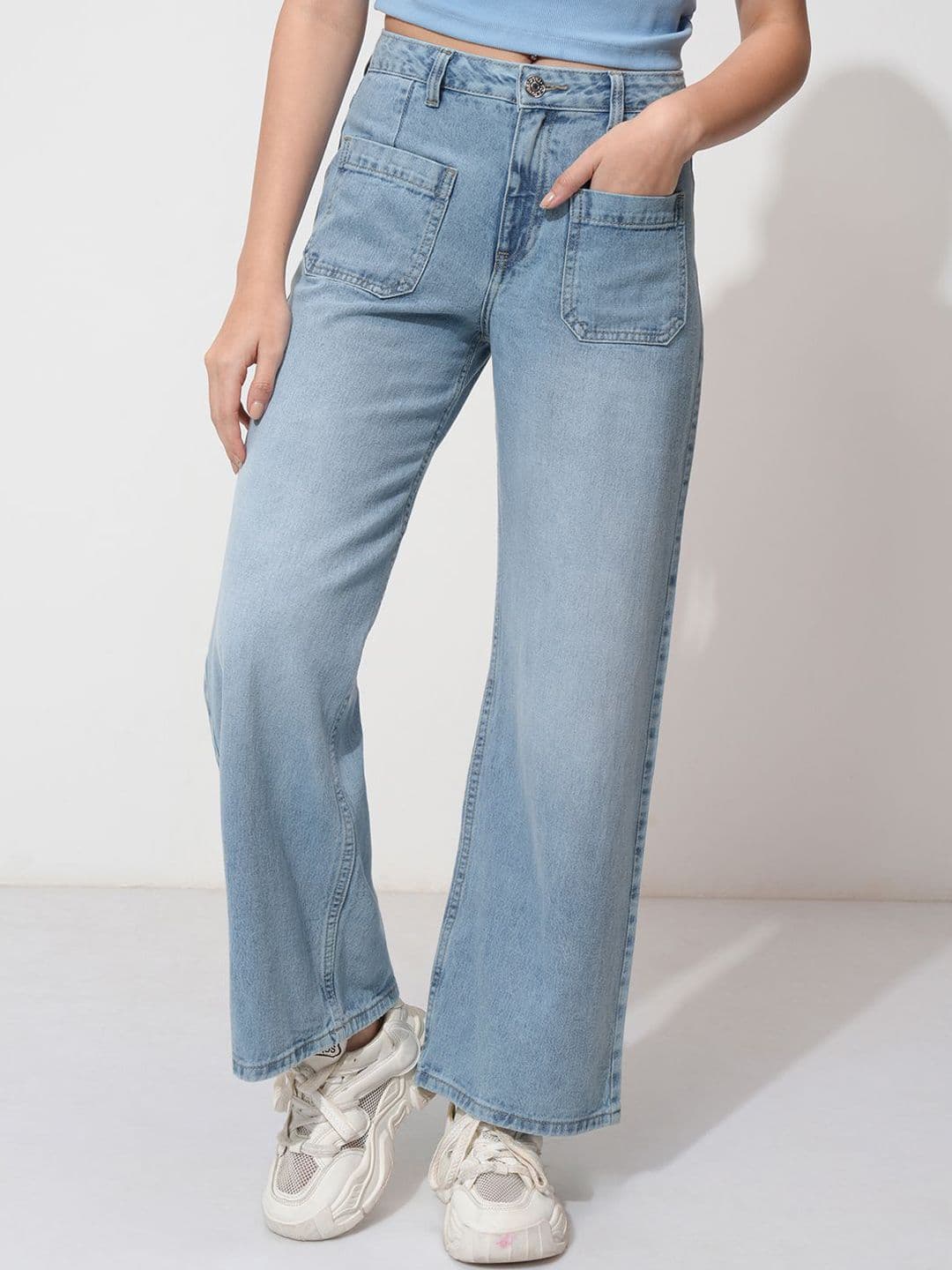 Basics By Tokyo Talkies Women Cotton Light Fade Mid-Rise Stretchable Wide Leg Jeans - view 1