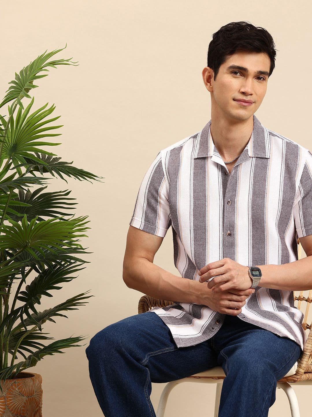 Mast & Harbour Striped Waffle Textured Casual Shirt - view 1