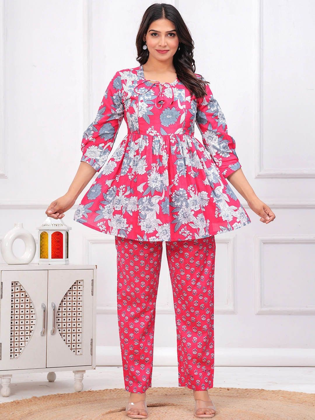 CELEBRAVO Floral Printed Maternity Peplum Style Pure Cotton Kurti With Trousers - view 1